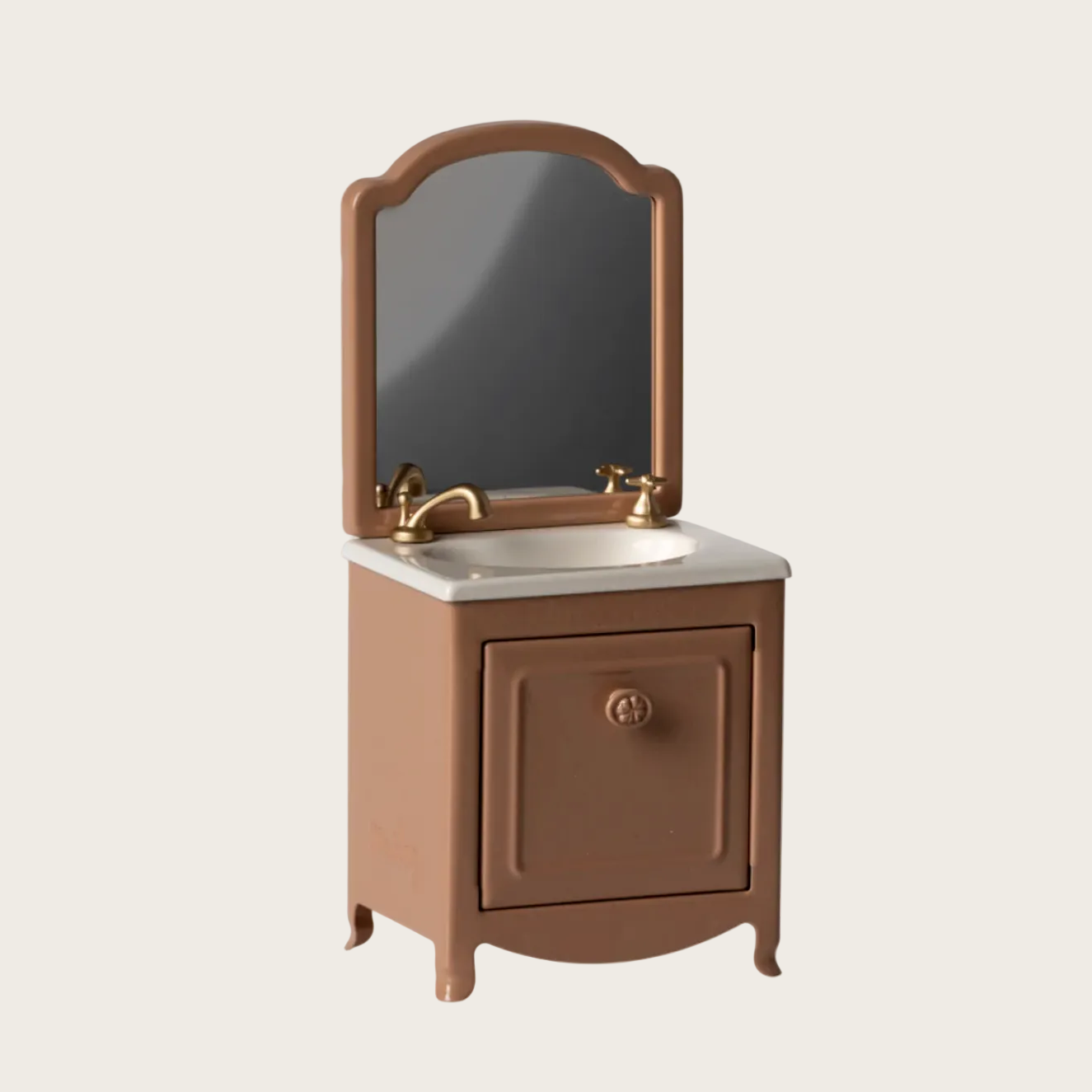 Bathroom vanity with mirror and sink on a beige background