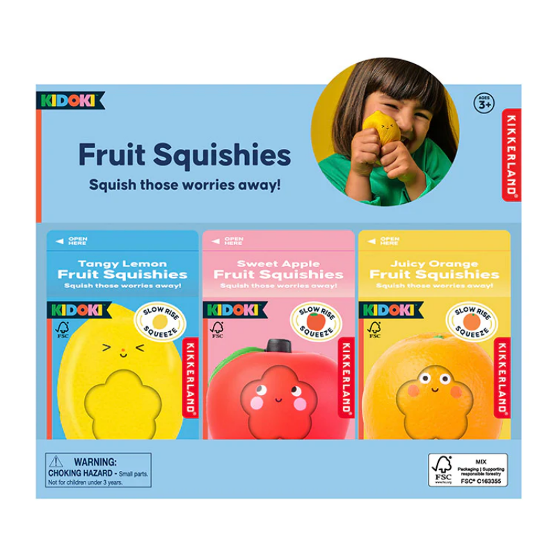 KIDOKI Fruit Squishies packaging with a child holding a yellow squishy toy.