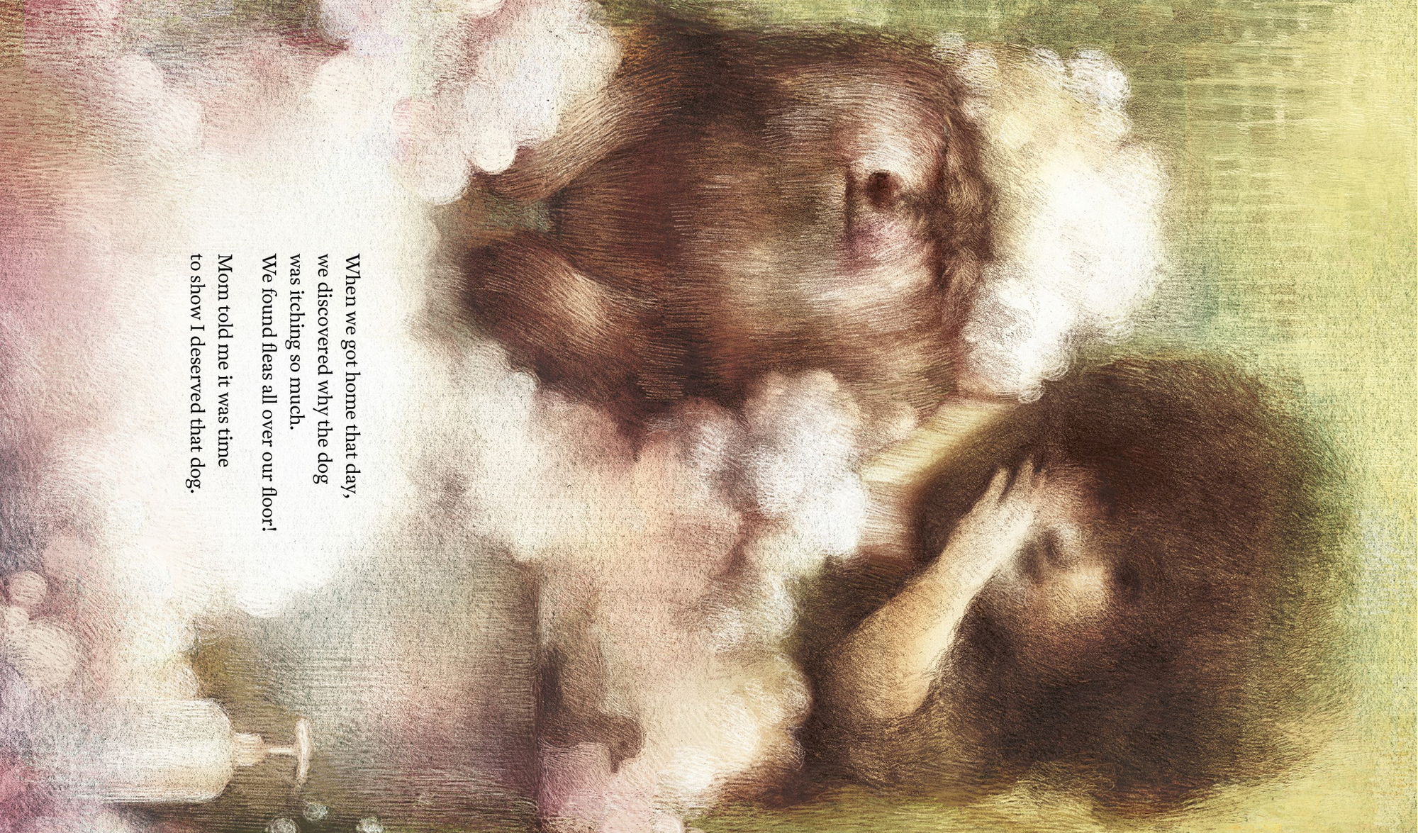 a child and a dog in a cloud-like setting with text on a green background