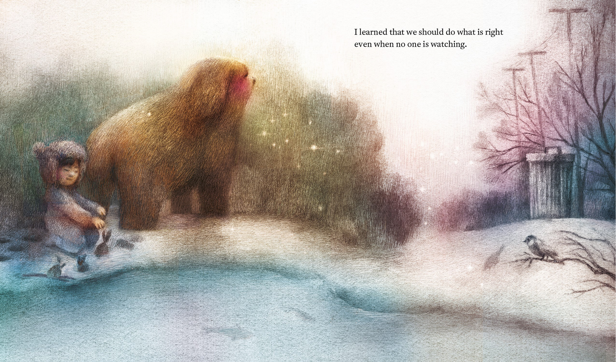 Illustration of a child and a dog by a frozen pond with text above.
