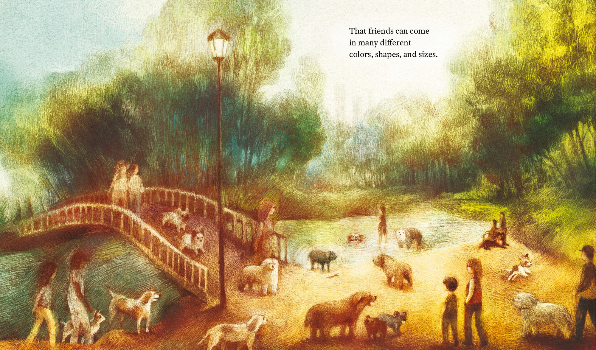 Illustration of a park scene with people and dogs, featuring a bridge and lamp post.