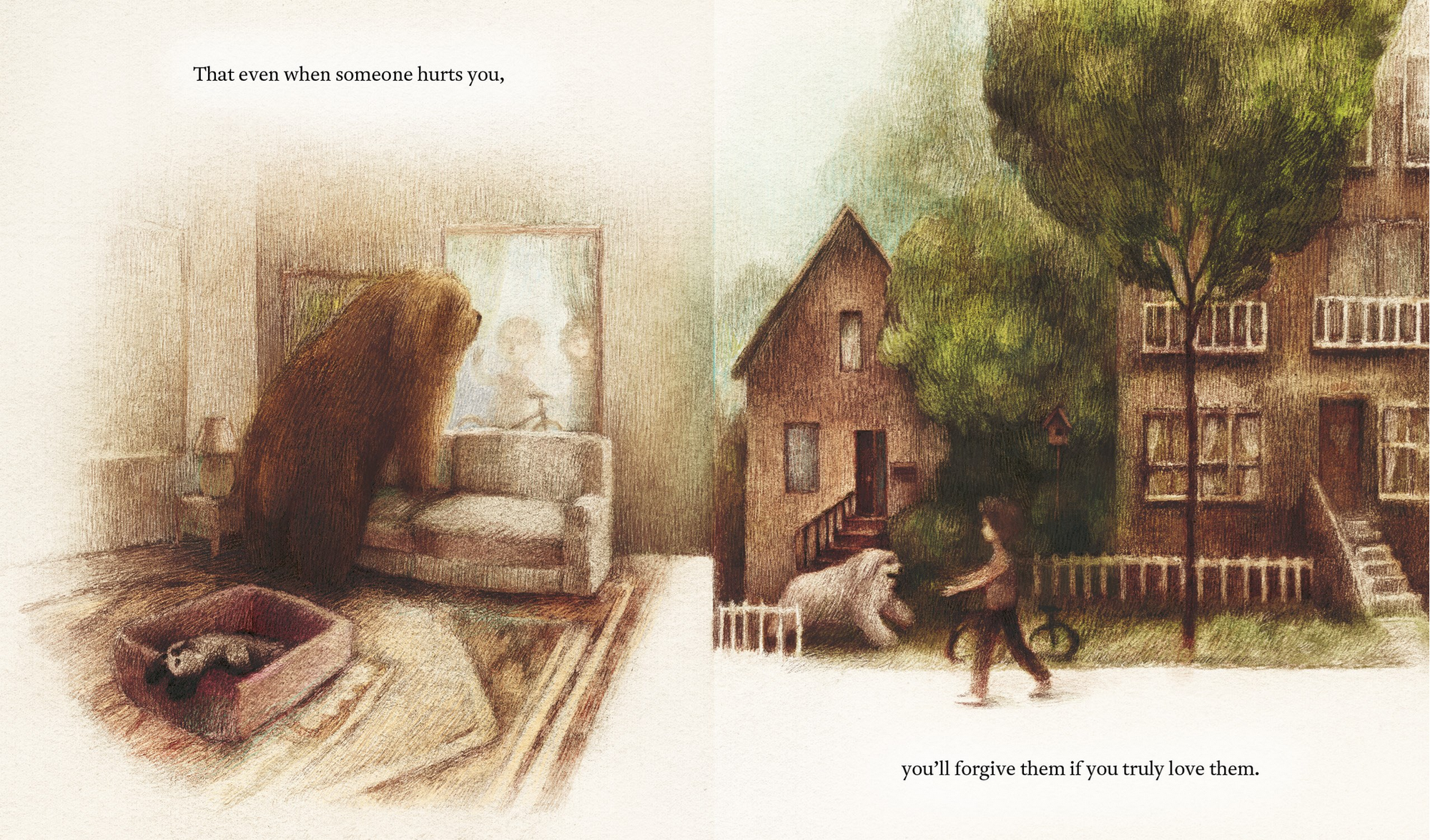 Illustration of a dog in a room and a child with a dog outside, with text about forgiveness.