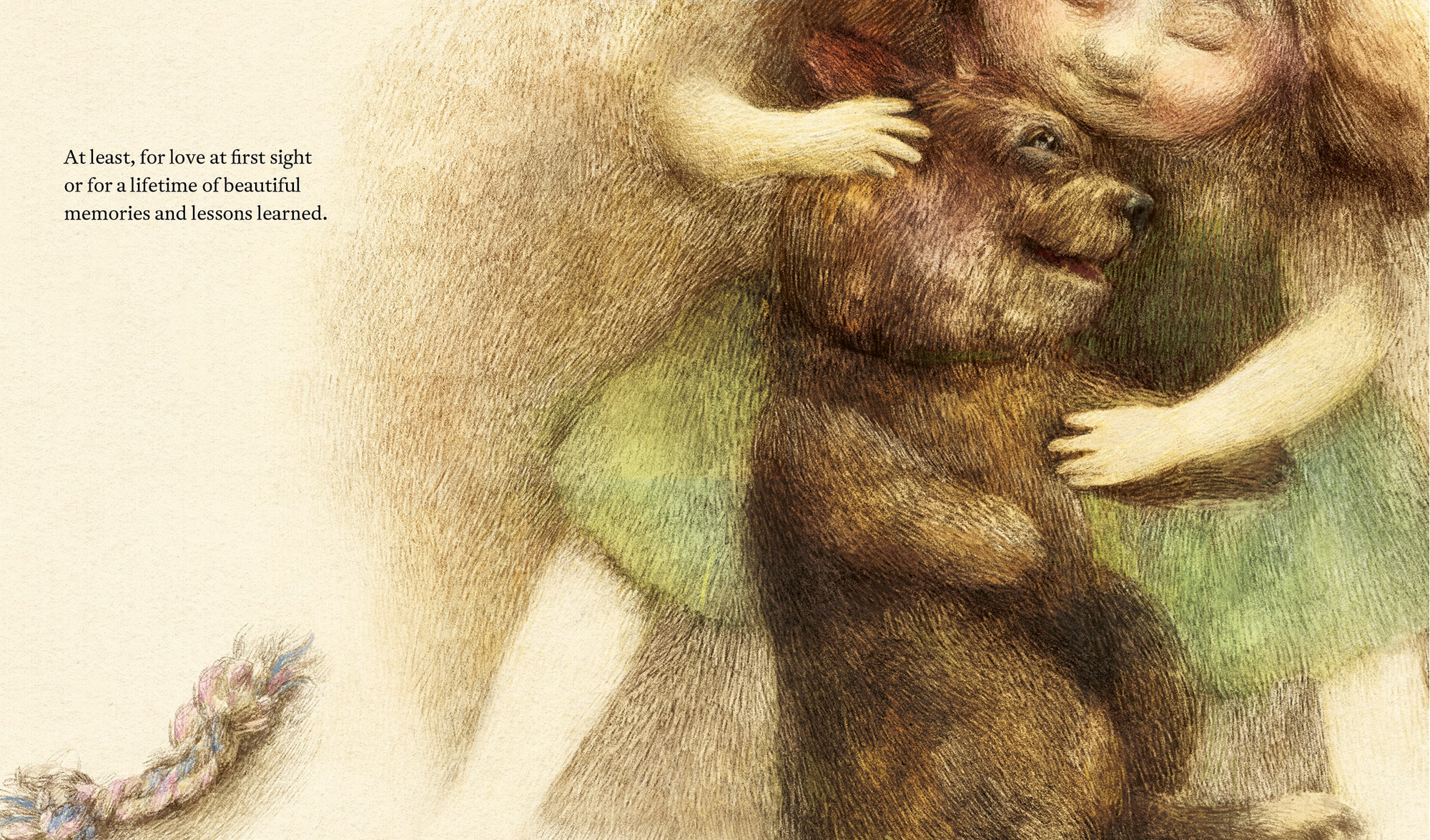 Illustration of a girl hugging a dog with text about love at first sight and lifetime memories.