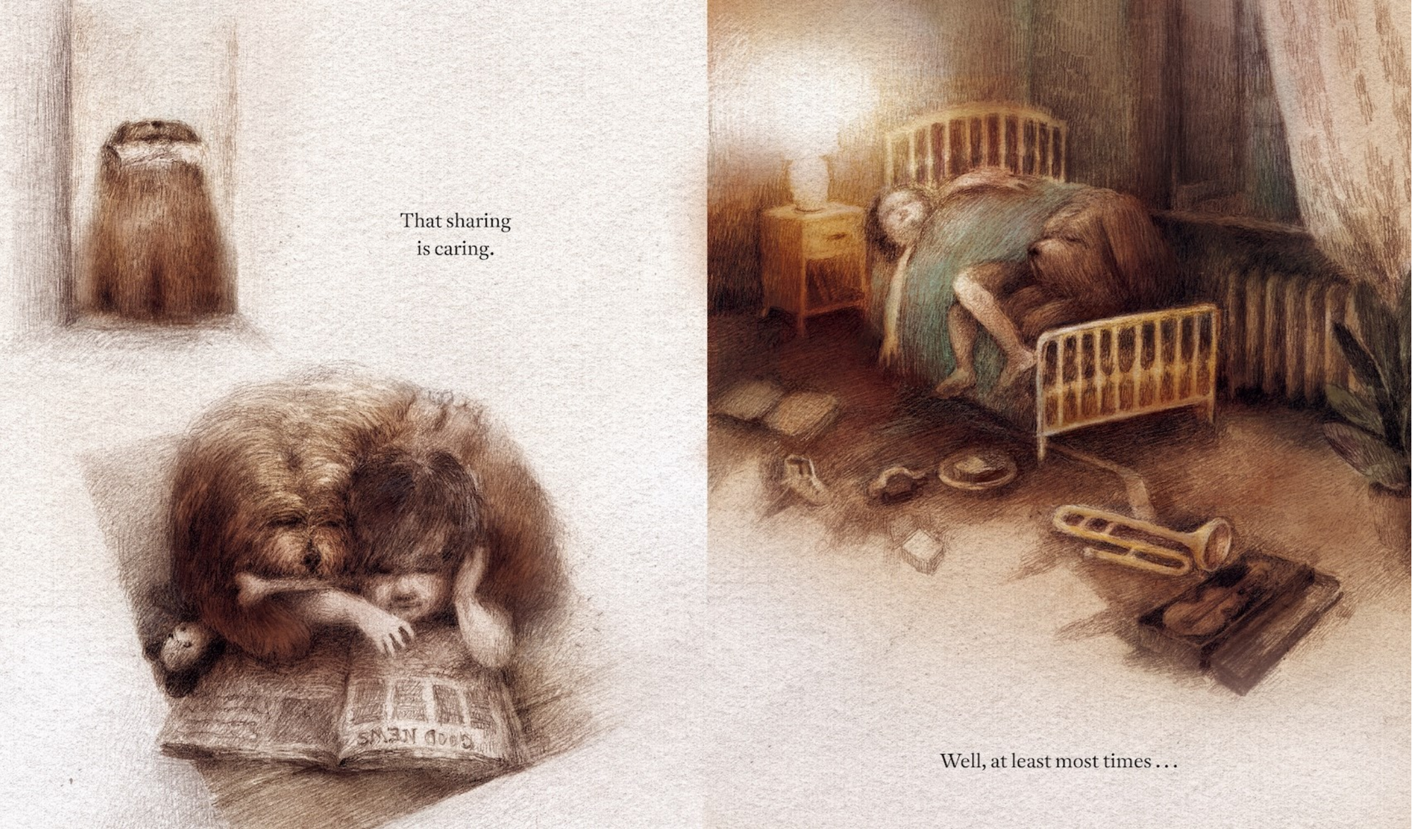 Illustration of a child in bed with a dog, surrounded by various items in a bedroom setting.