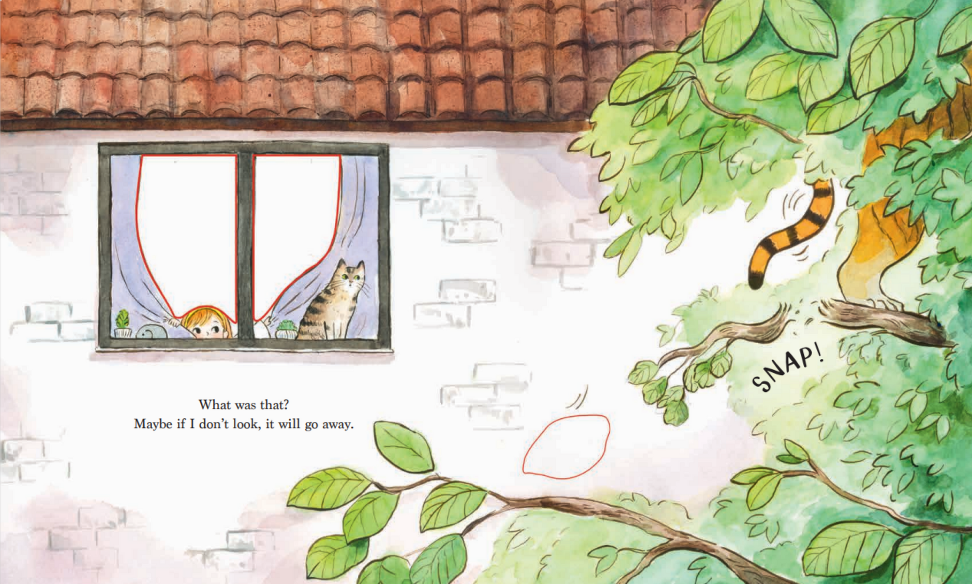 Illustration of a cat looking out a window at a tree with a snake and an apple.