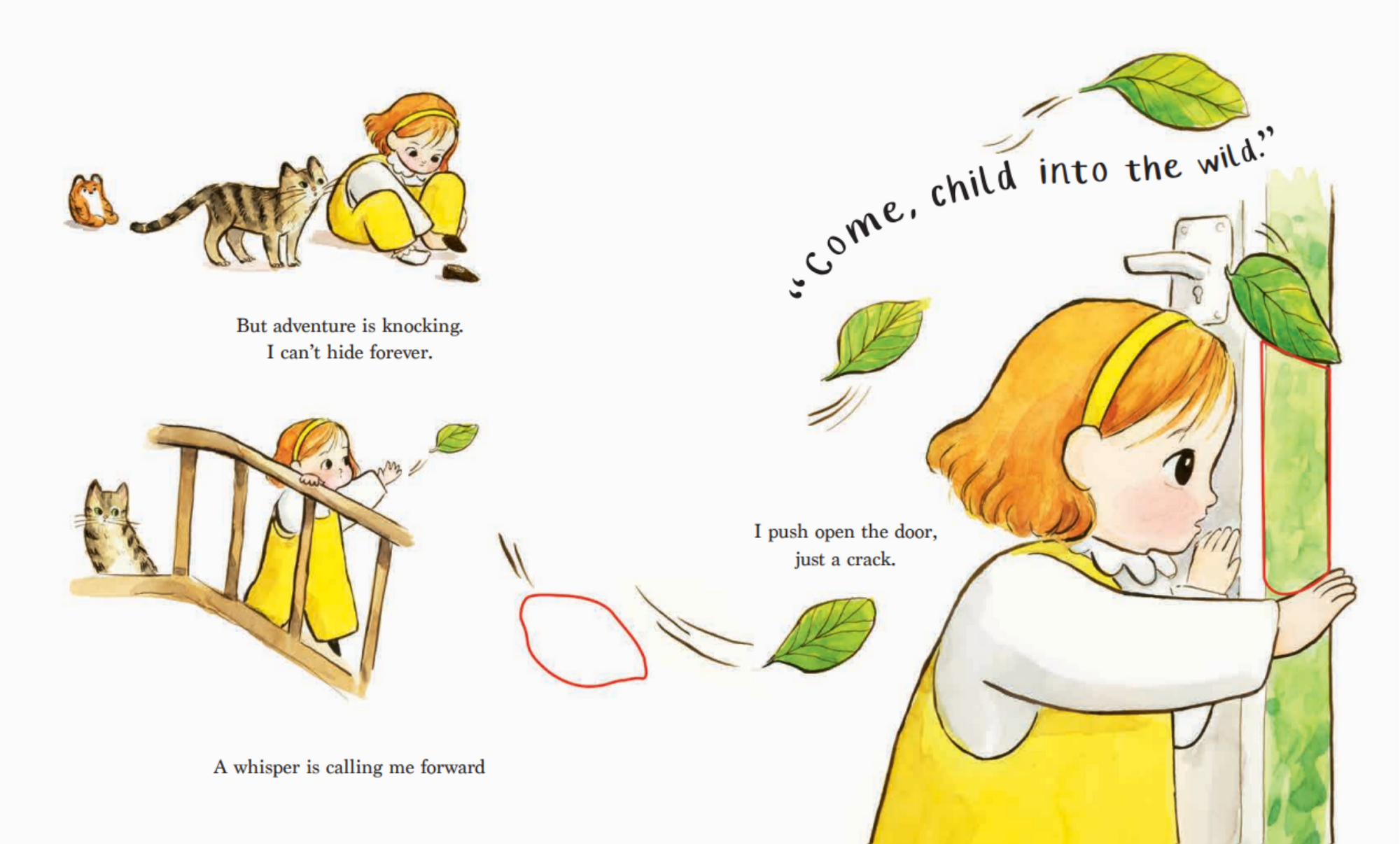 Illustration of a child peeking out from behind a door with text about adventure and exploration.