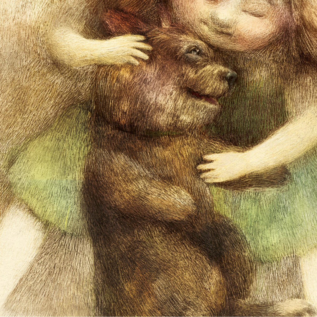 Illustration of a child embracing a bear with a soft, warm color palette.
