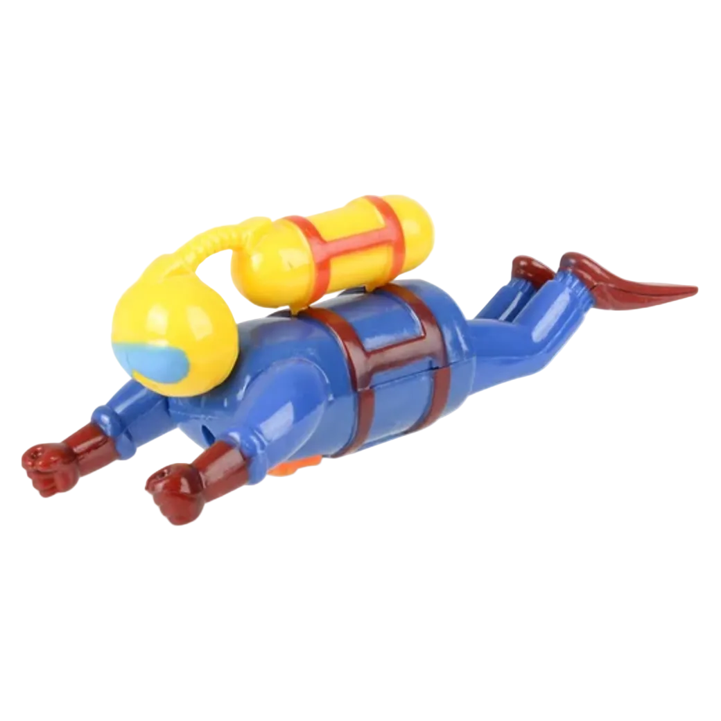 Toy figure of a person in a blue suit with a yellow oxygen tank on a white background, branded 'Rhode Island Novelty'.