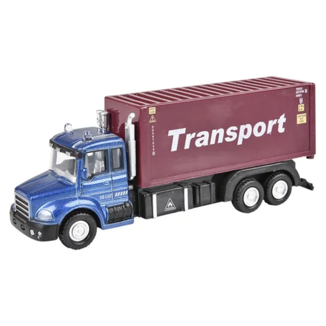 Toy truck with a maroon container labeled 'Transport' on a white background