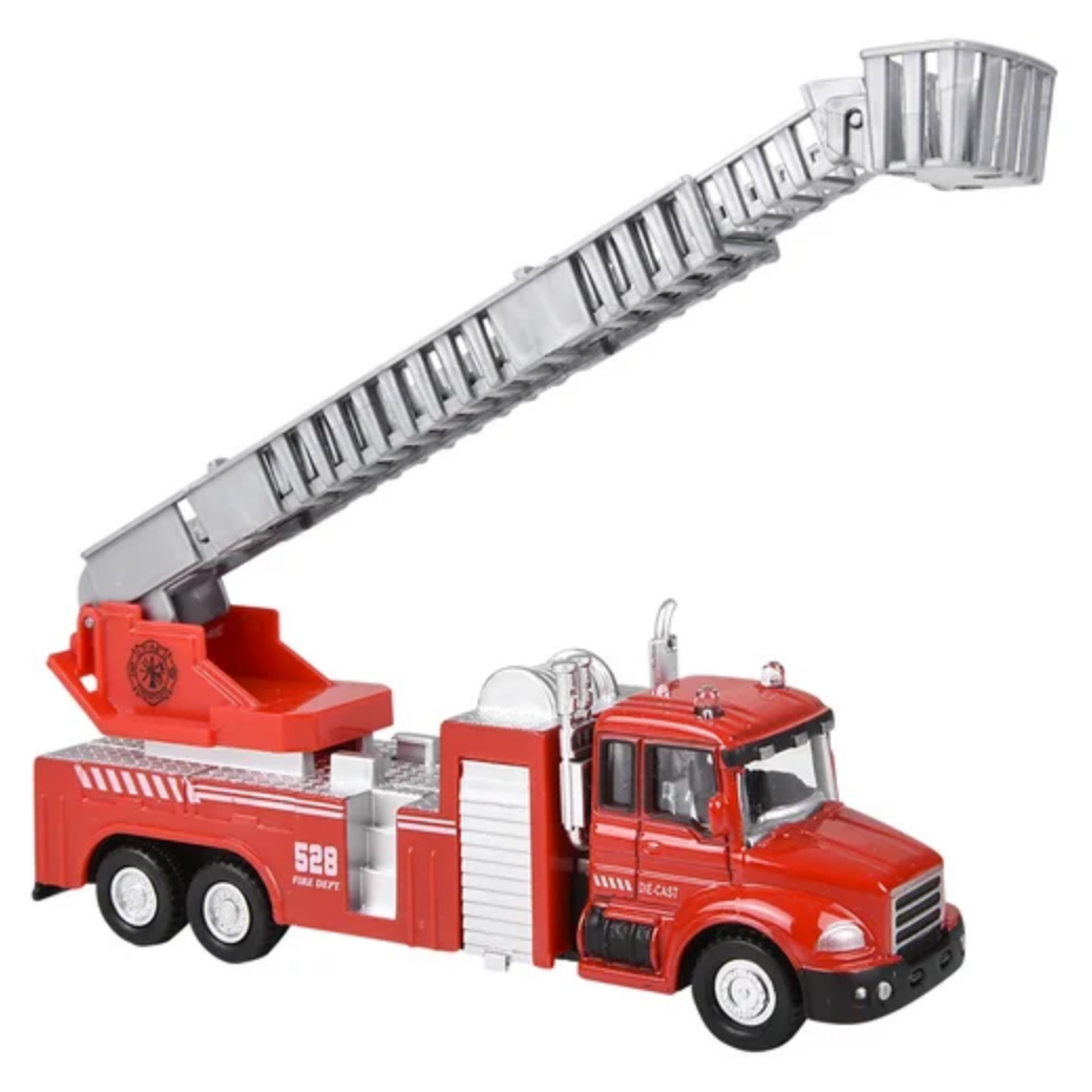 Red toy fire truck with an extended ladder on a white background