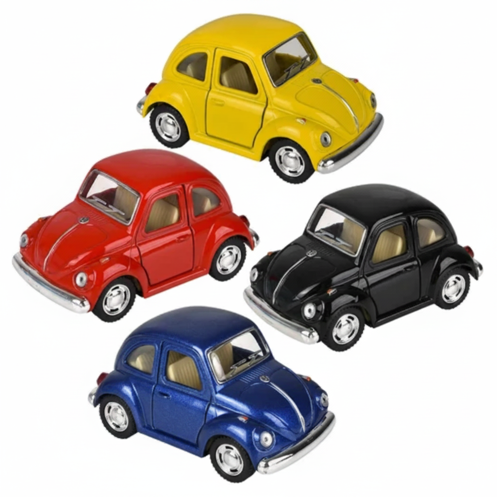 Four toy cars in yellow, red, black, and blue on a white background.