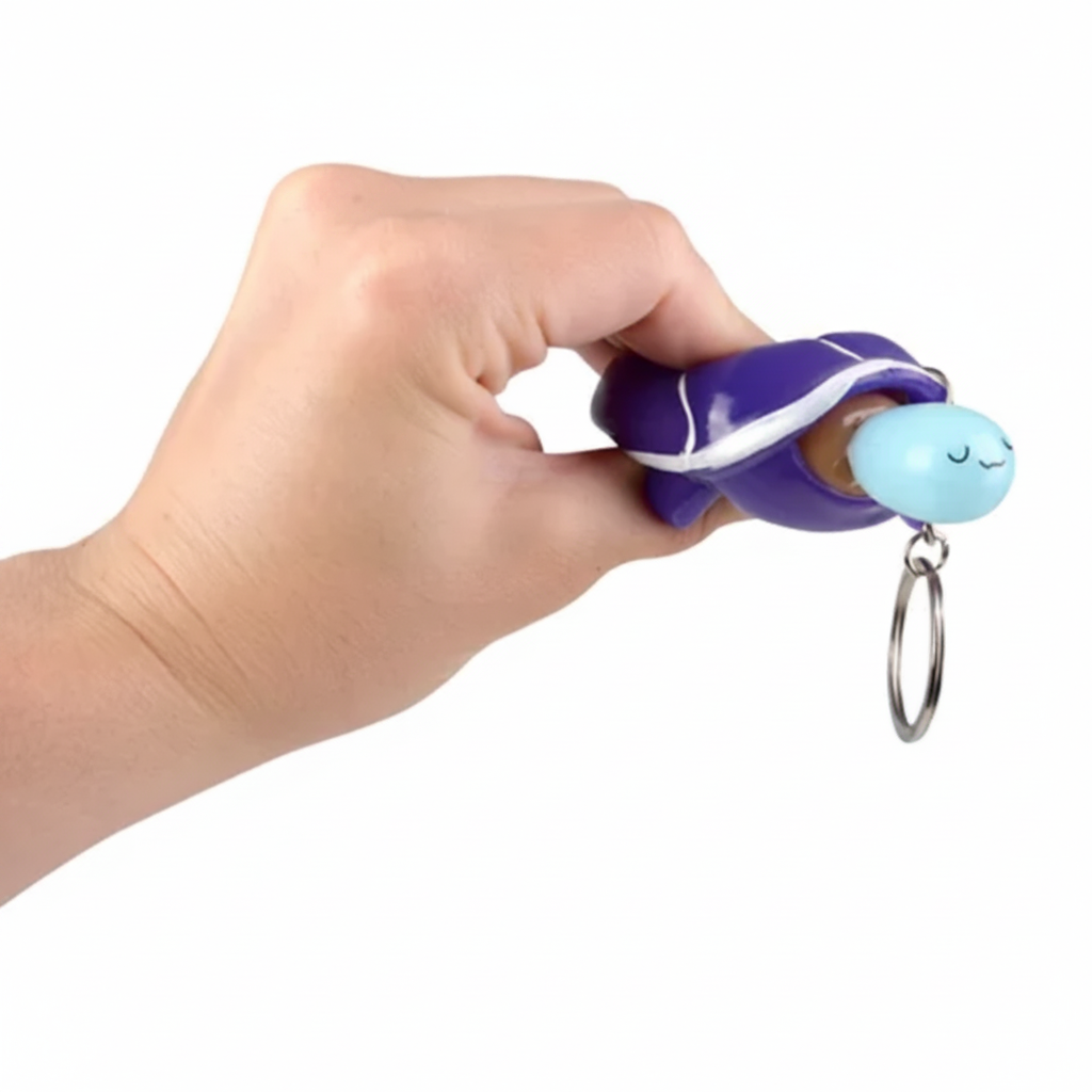Hand holding a purple and white object with a blue ball on a white background