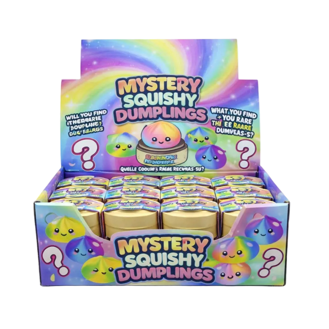 Box of Mystery Squishy Dumplings with colorful packaging and squishy toys on a white background.