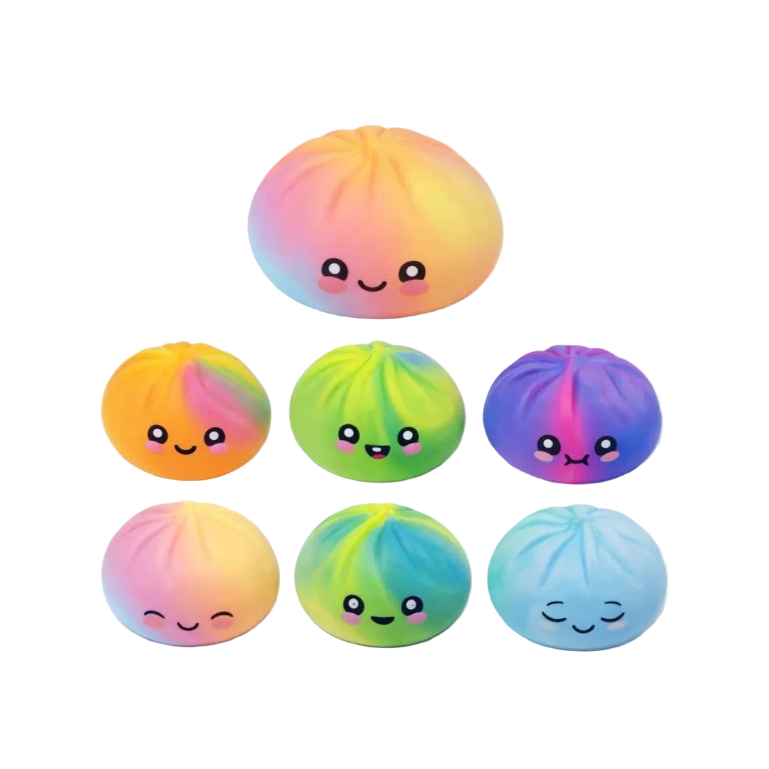 Colorful squishy toys with smiling faces and a box labeled 'Squishy Toys' on a white background.