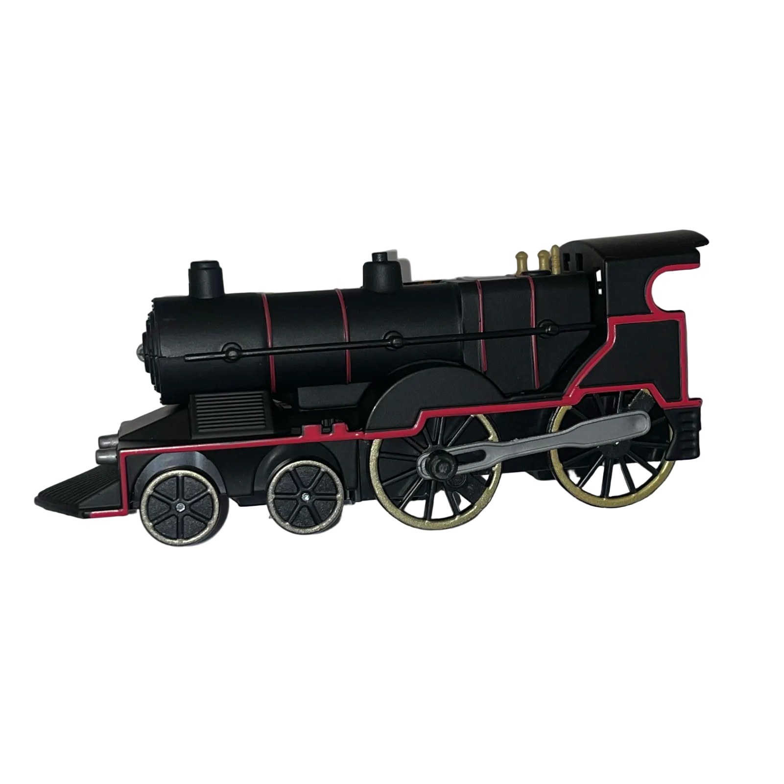 Black toy train model on a light gray background