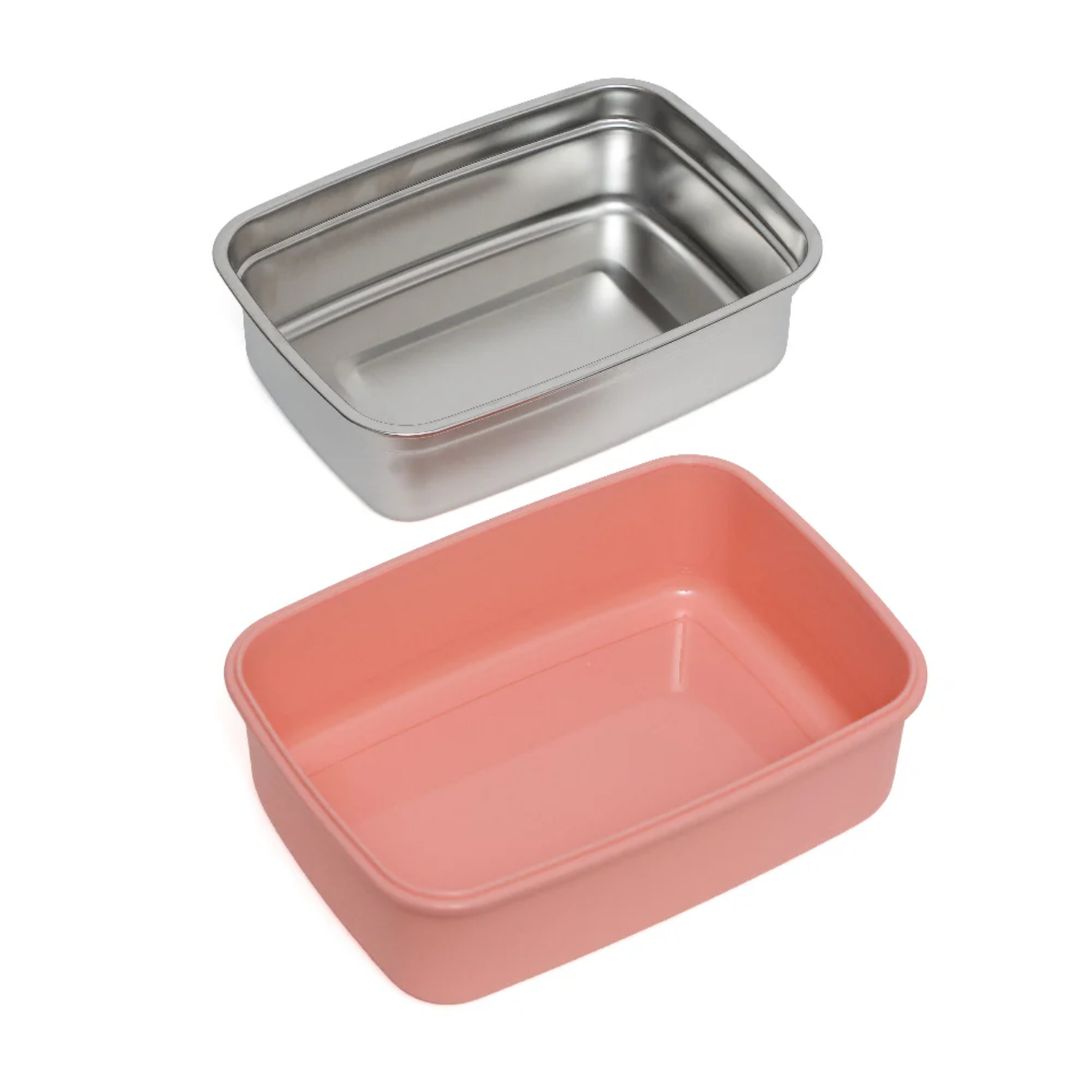 Two rectangular containers, one metallic and one pink, on a white background