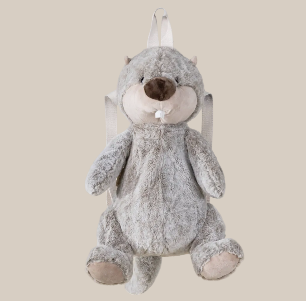 Gray plush toy with a white background