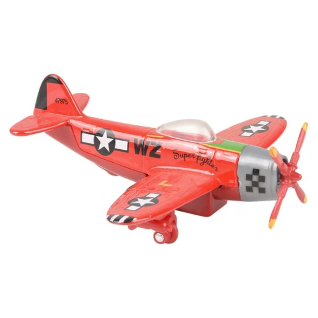 Red toy airplane with propeller on a white background
