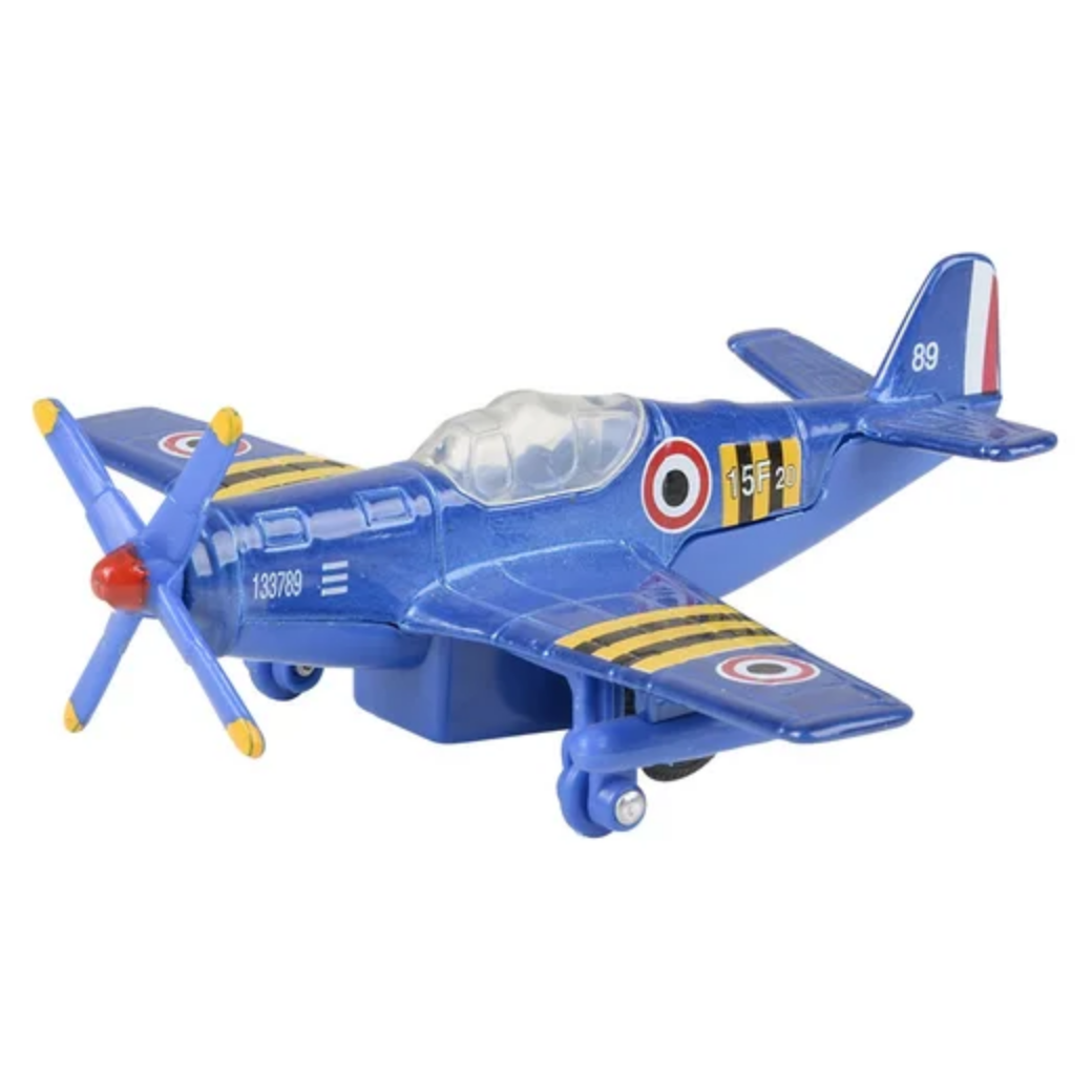 Blue toy airplane with yellow stripes on a white background