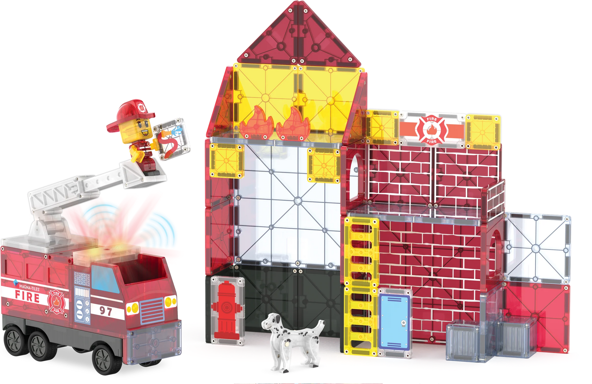 Toy fire station set with a fire truck and firefighter figure on a white background