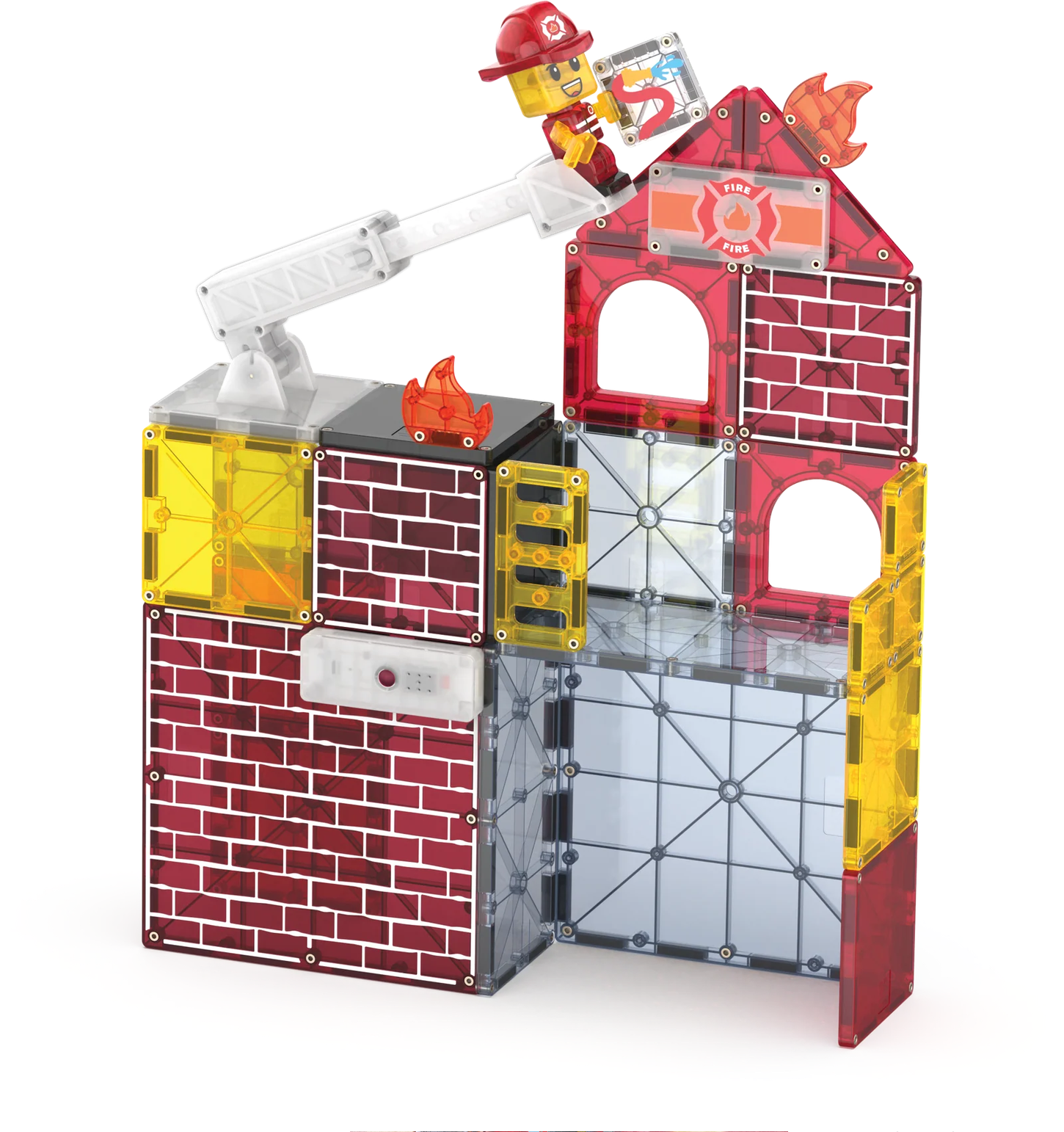 Toy fire station set with a fire truck and firefighter figure on a white background