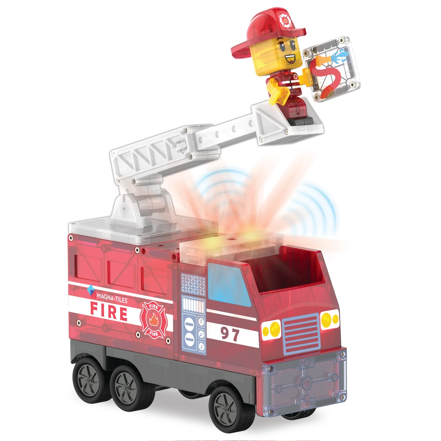 Toy fire truck with a character on top against a white background