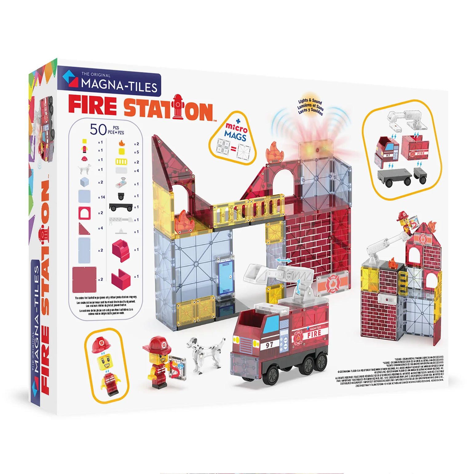 Magna-Tiles Fire Station toy set packaging with fire station model and vehicle on a white background