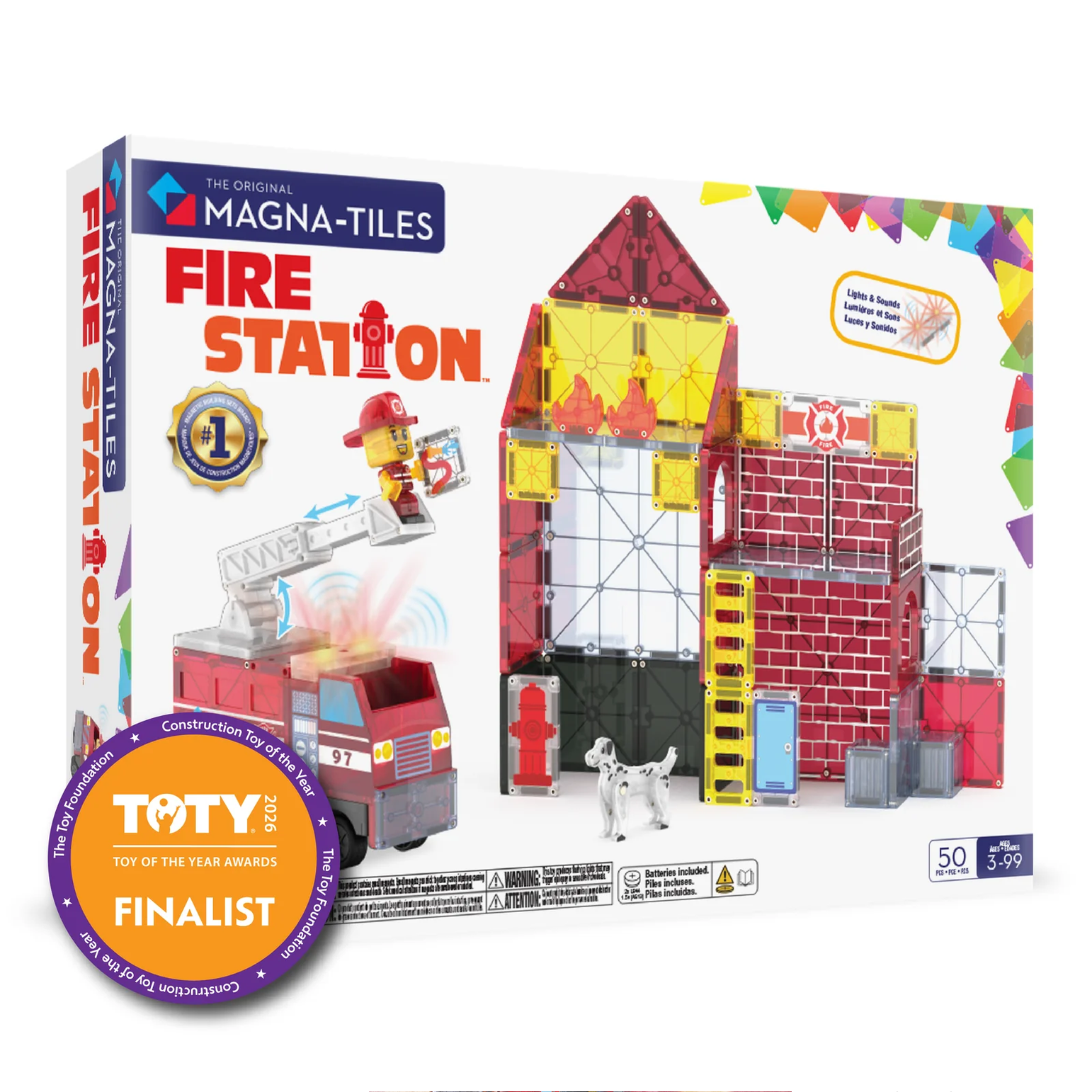Magna-Tiles Fire Station toy set packaging with colorful design and toy figures.