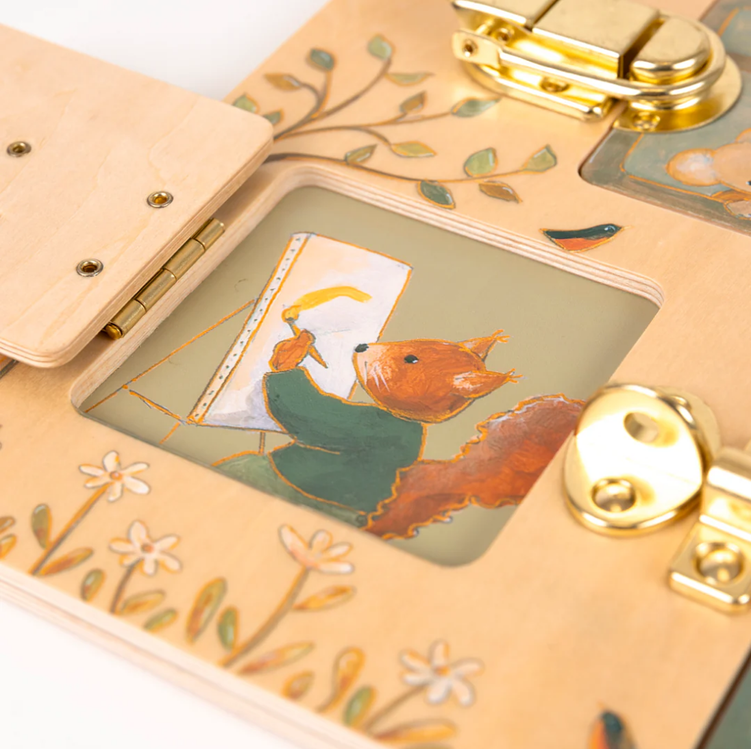 Decorative box with a fox illustration and floral details