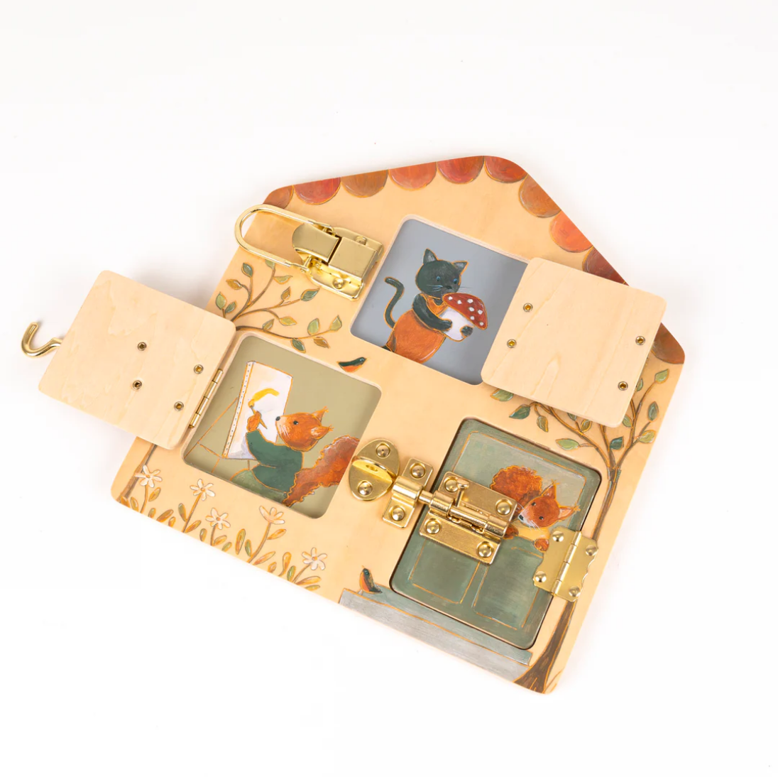 Decorative jewelry box with illustrations of a cat and a fox on a white background