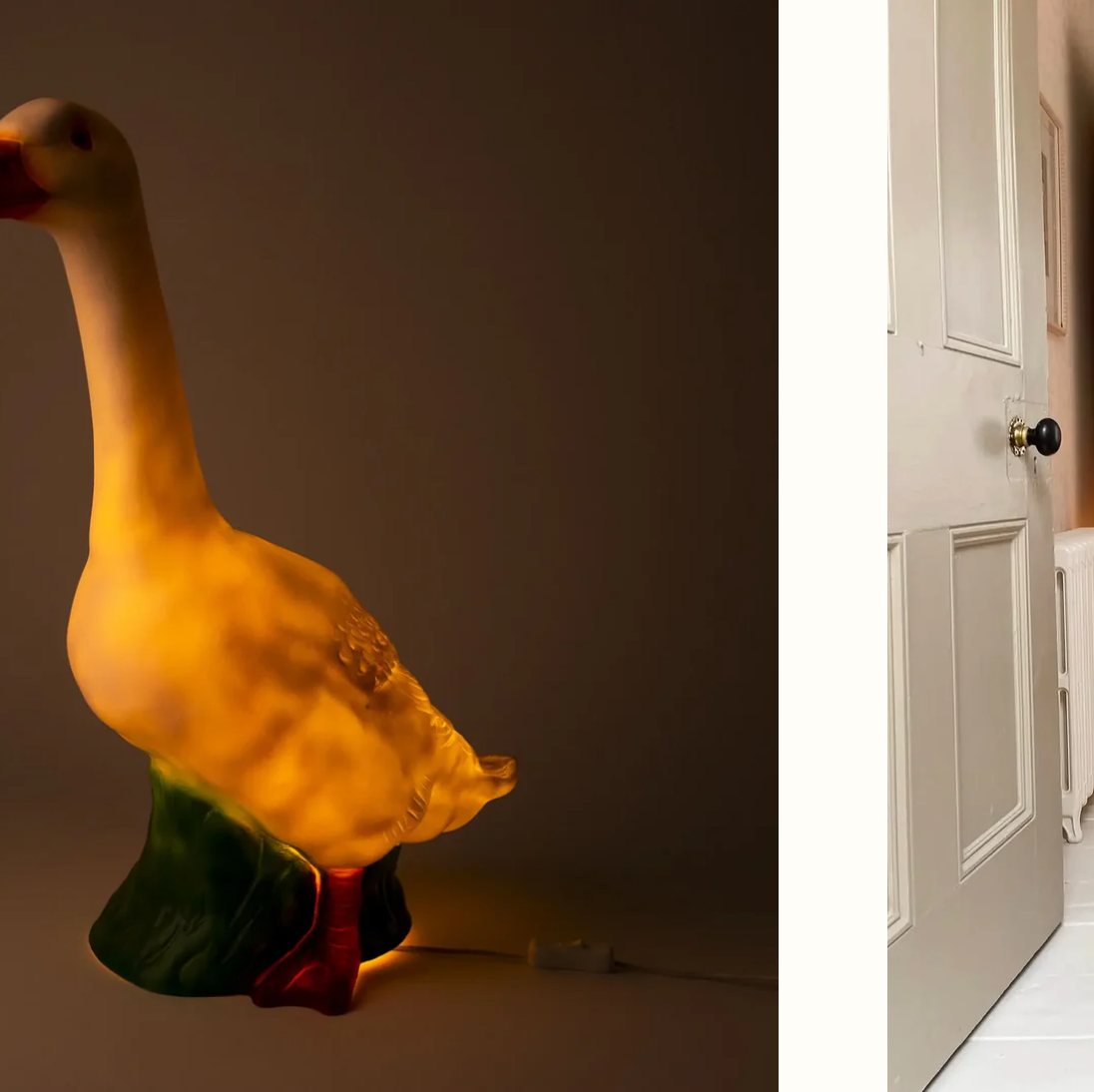 Decorative goose-shaped lamp on a dark background with a door on a light background