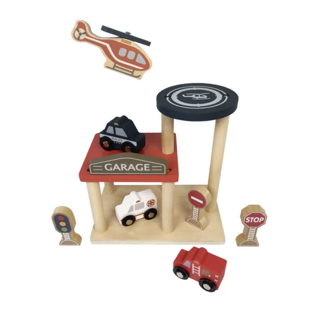 Wooden toy garage set with cars, helicopter, and traffic lights on a white background