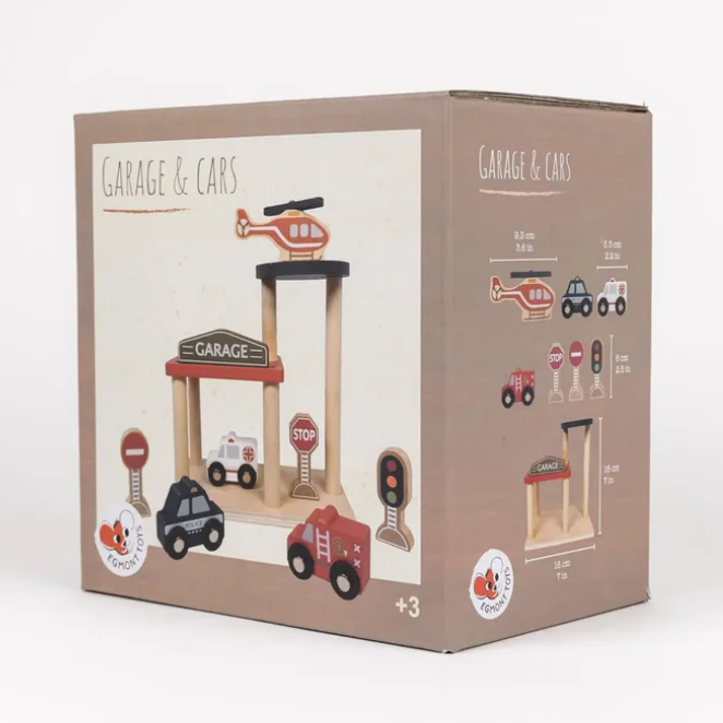 Box packaging of a toy garage set with cars on a white background