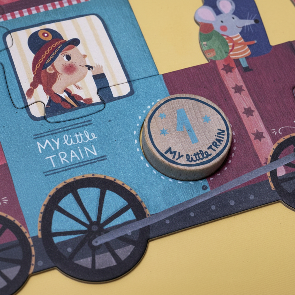 Children's play mat with train design and character illustrations on a colorful background.
