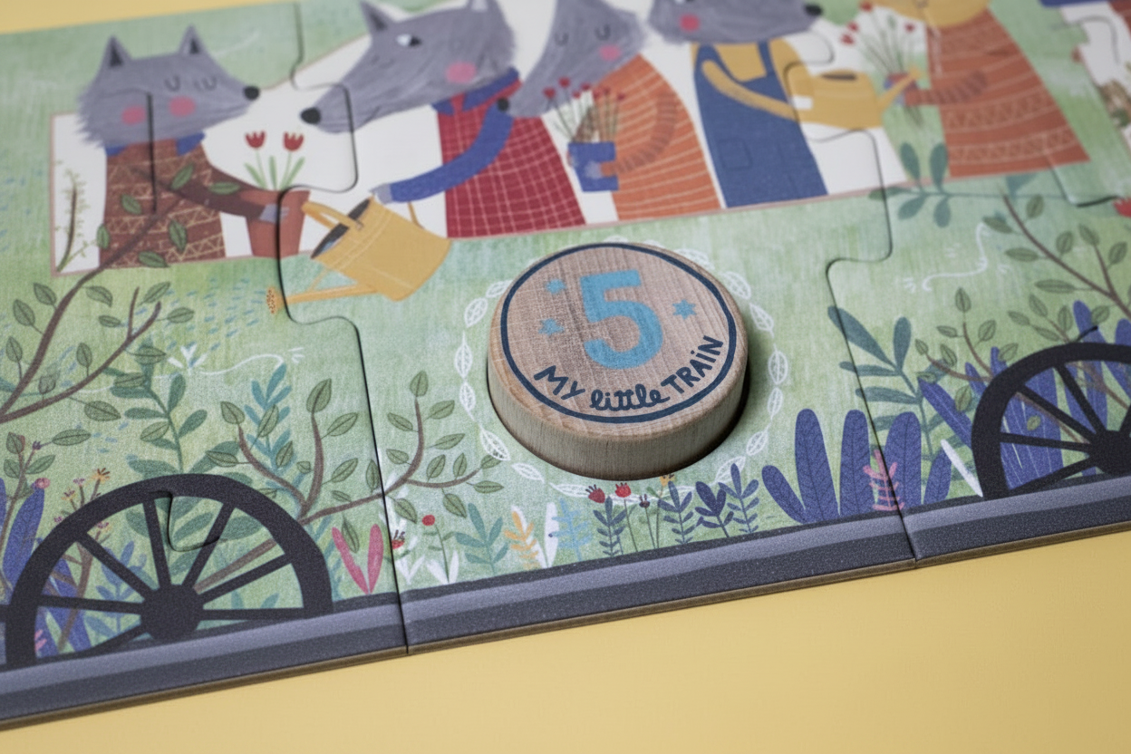 Children's puzzle with a wooden number piece labeled '5' on a colorful background.