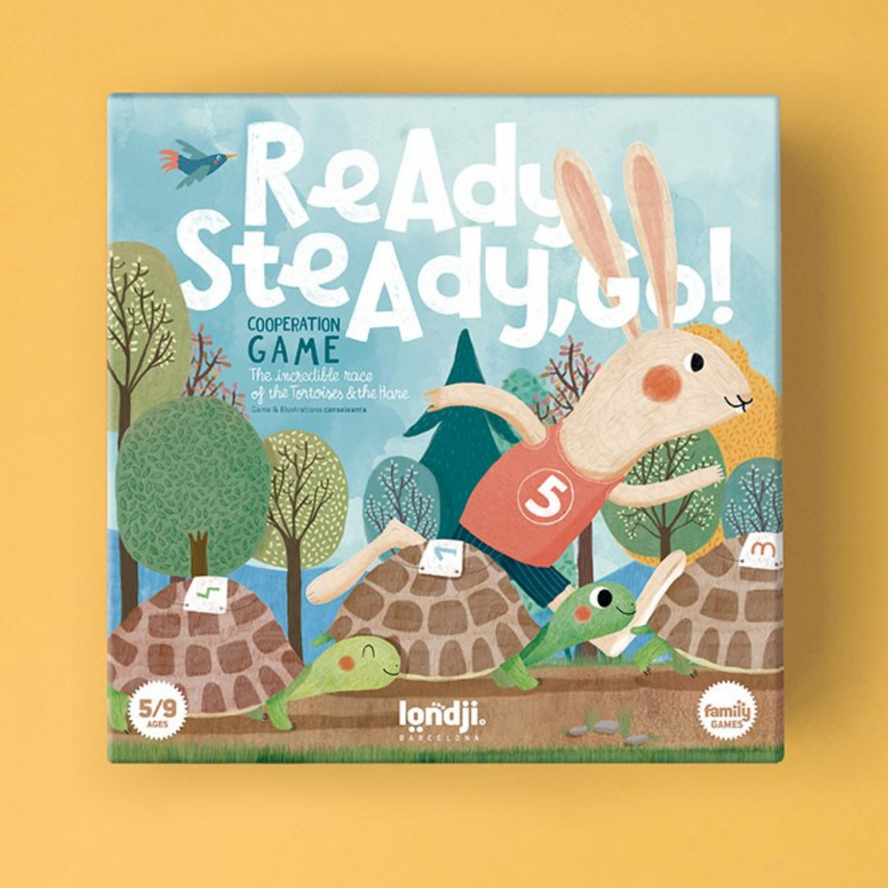 Children's board game box titled 'Ready Steady, Go!' on a yellow background