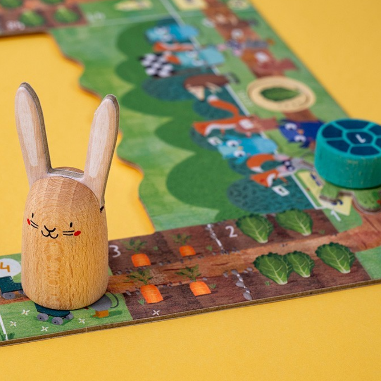 Wooden rabbit figure on a board game with colorful graphics