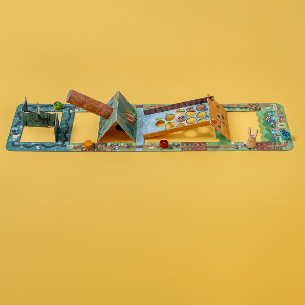 Board game layout with various components on a yellow background