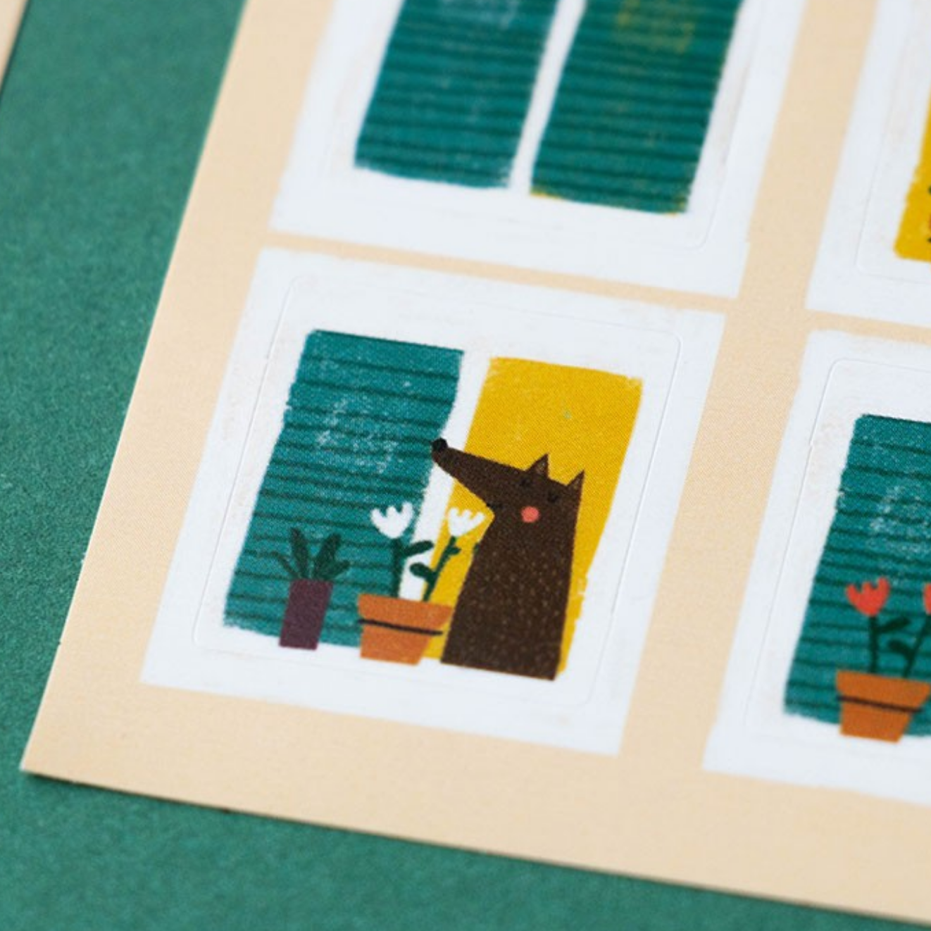 Illustrations of a dog and plants on a green background