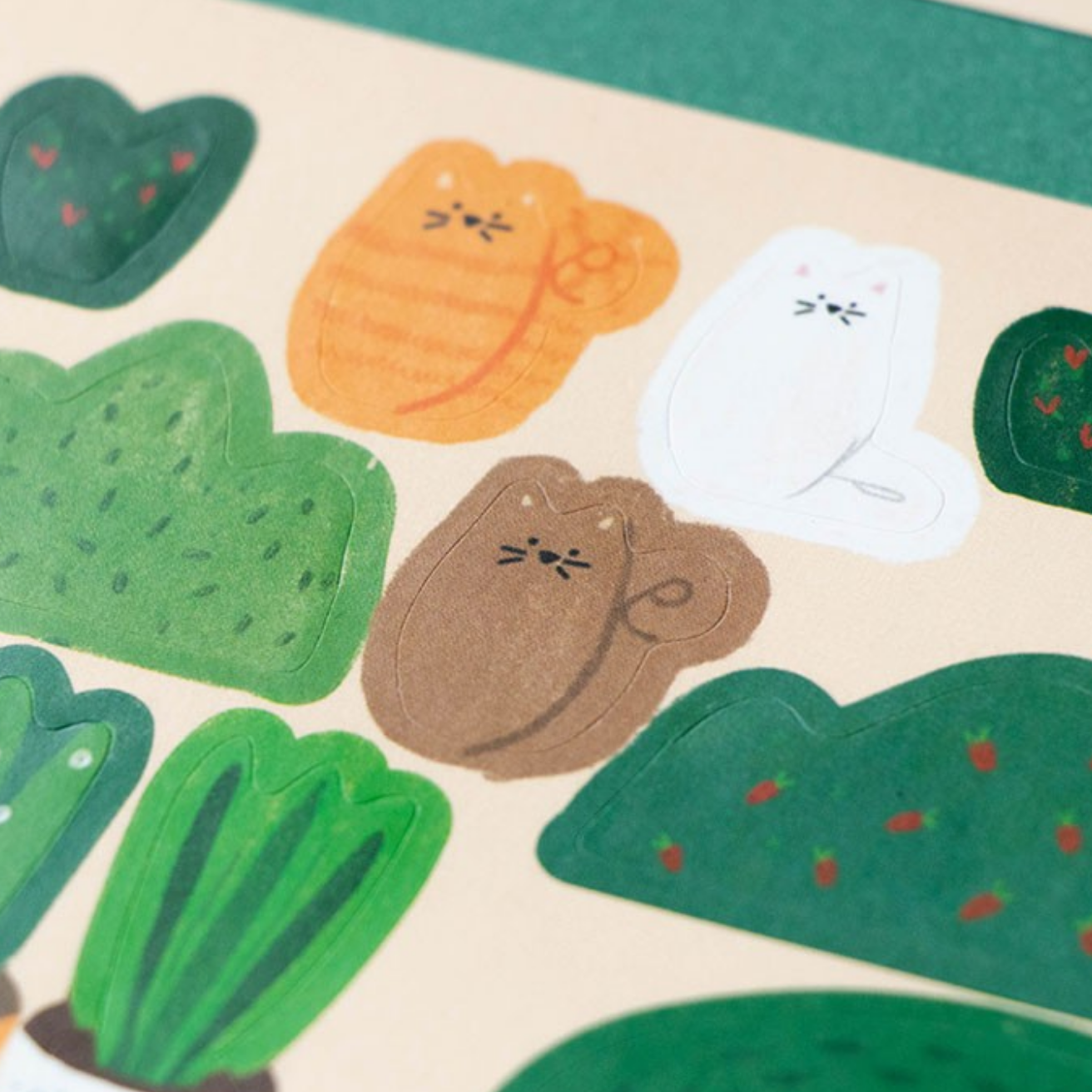 Illustrations of potted plants and animals on a beige background