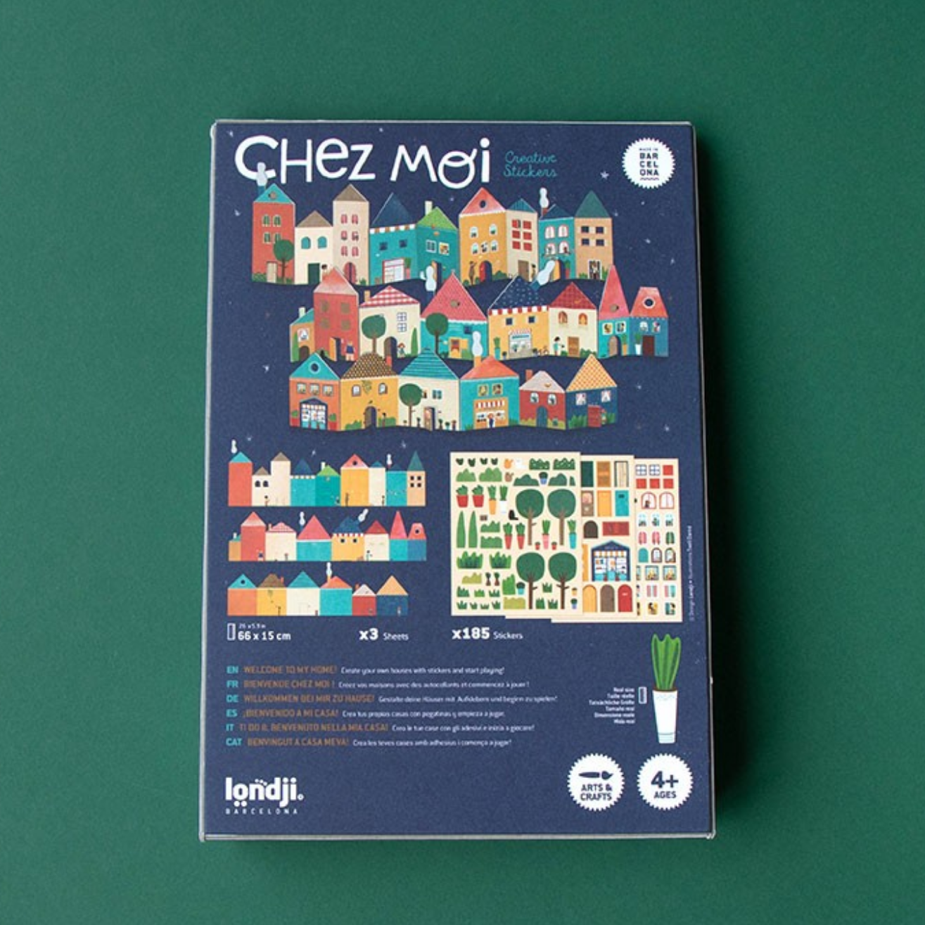 Packaging of 'Chez Moi' with colorful illustrations on a green background