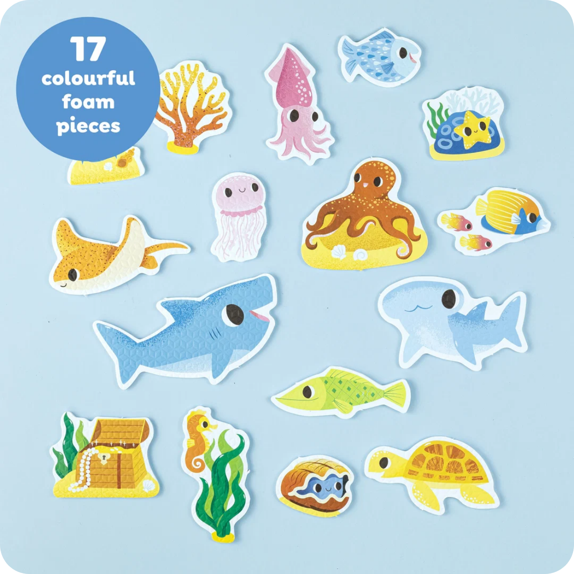 Set of 17 colorful foam pieces with sea-themed designs on a light blue background.