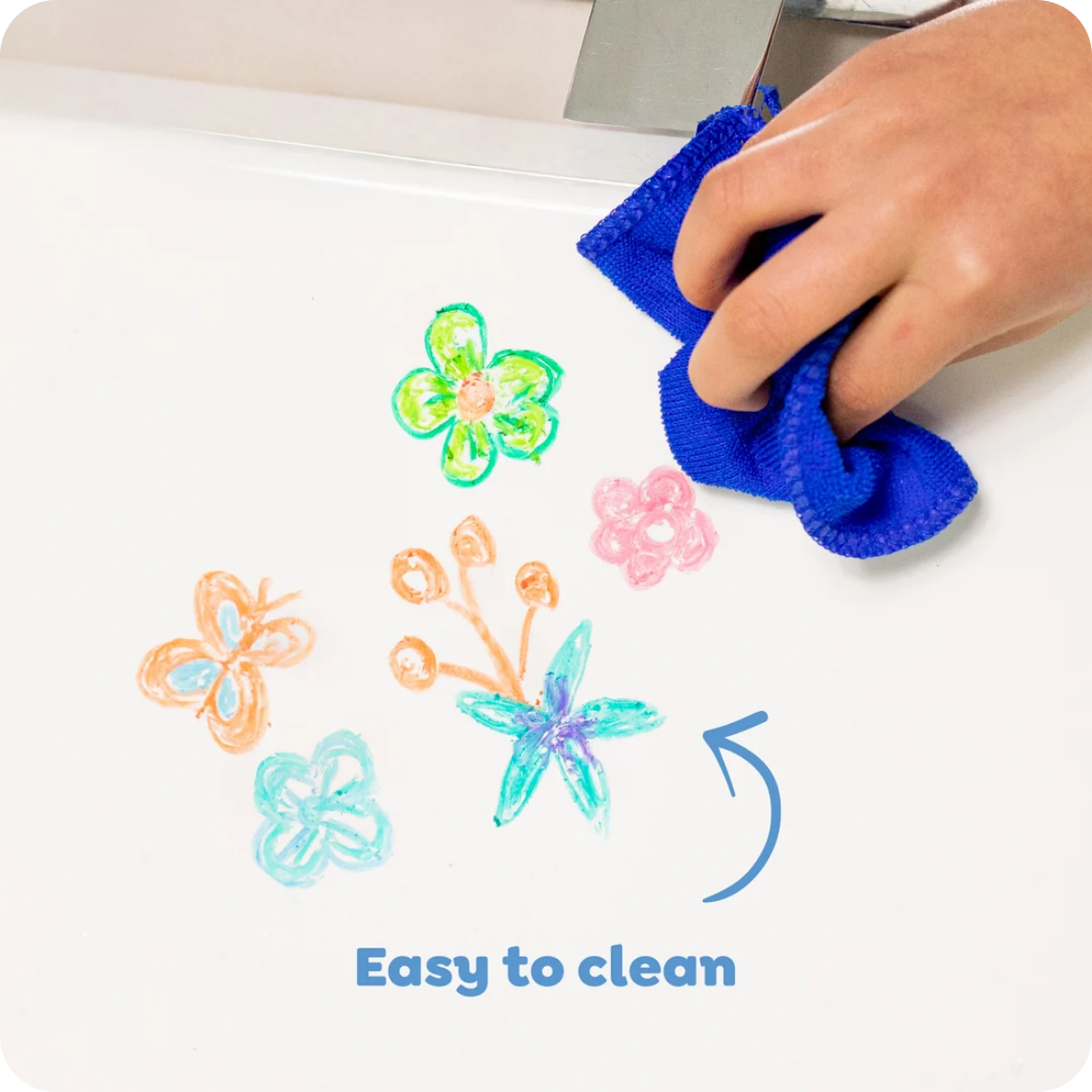 A hand wipes a white surface with a blue cloth, removing colorful flower and butterfly drawings that were left behind. Blue text at the bottom reads 'Easy to clean'.