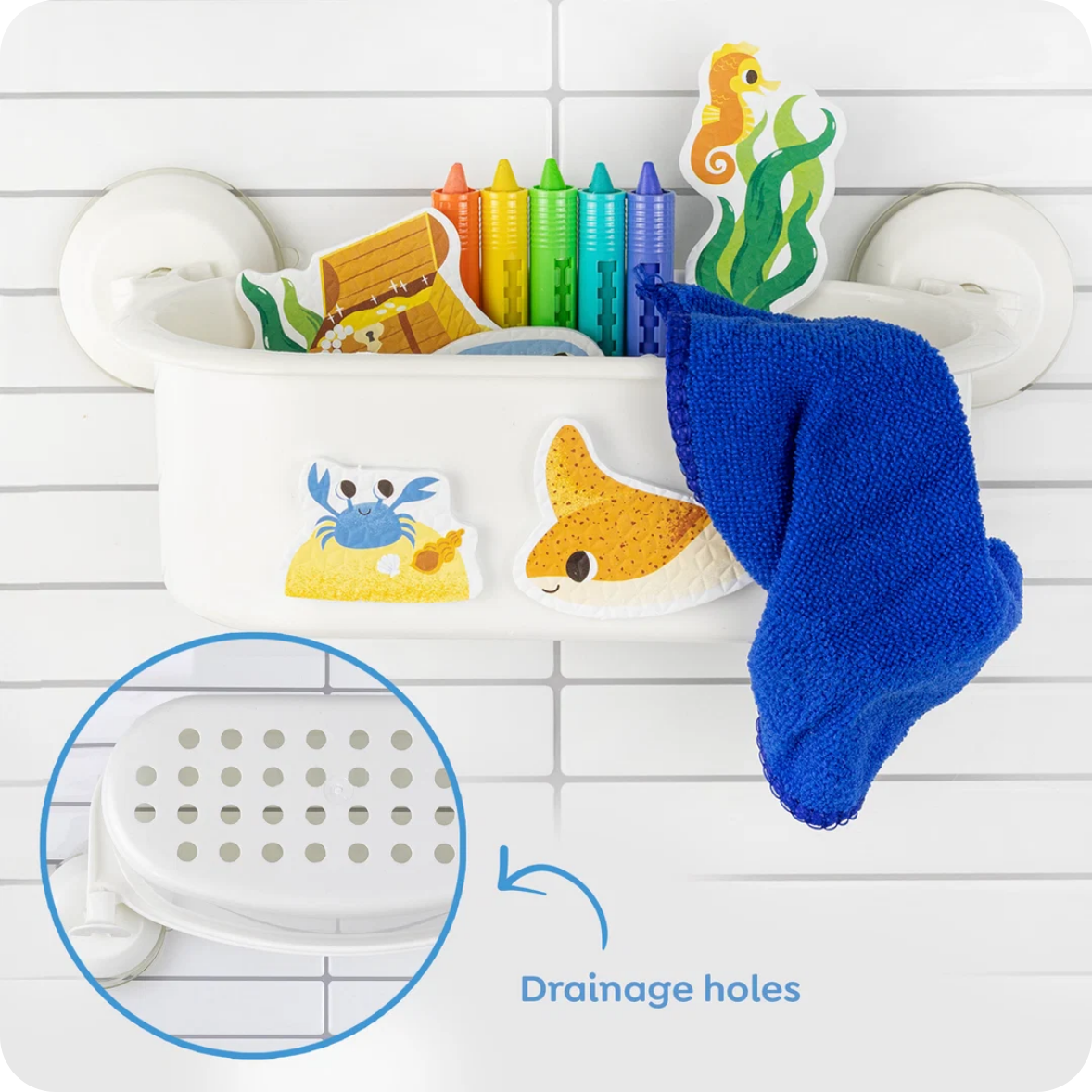 White bath caddy with cartoon animal designs holding bath items on a tiled wall.