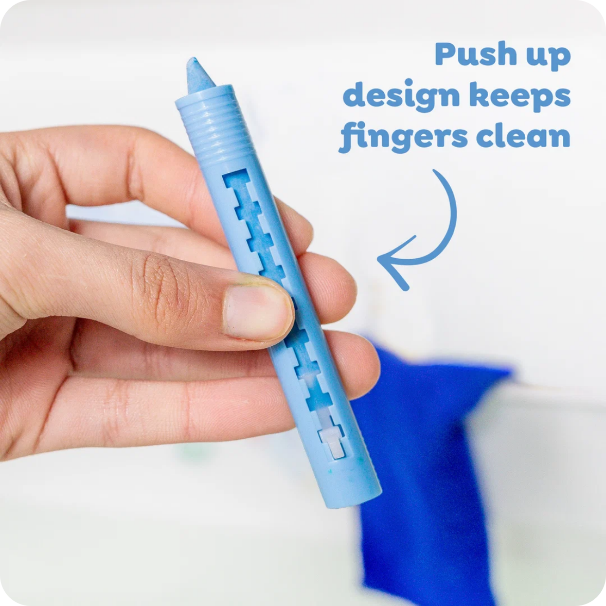 A hand holds a light blue cylindrical cleaning stick with a pointed tip and cutout details. Text on the image reads 'Push up design keeps fingers clean' with a blue arrow pointing to the product.