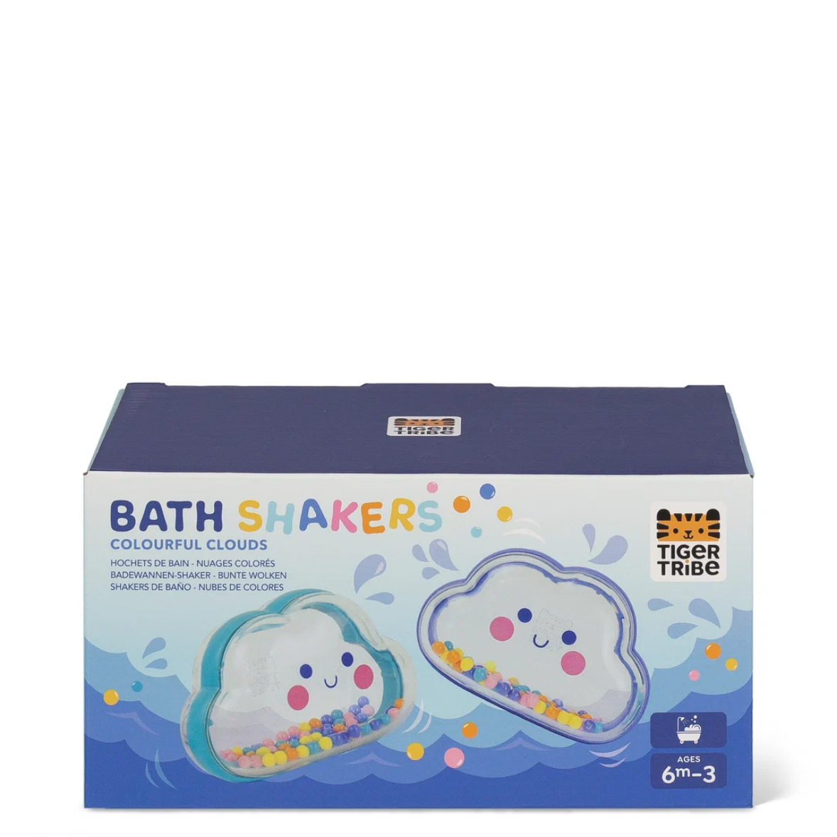Box of Bath Shakers with colorful clouds on a white background