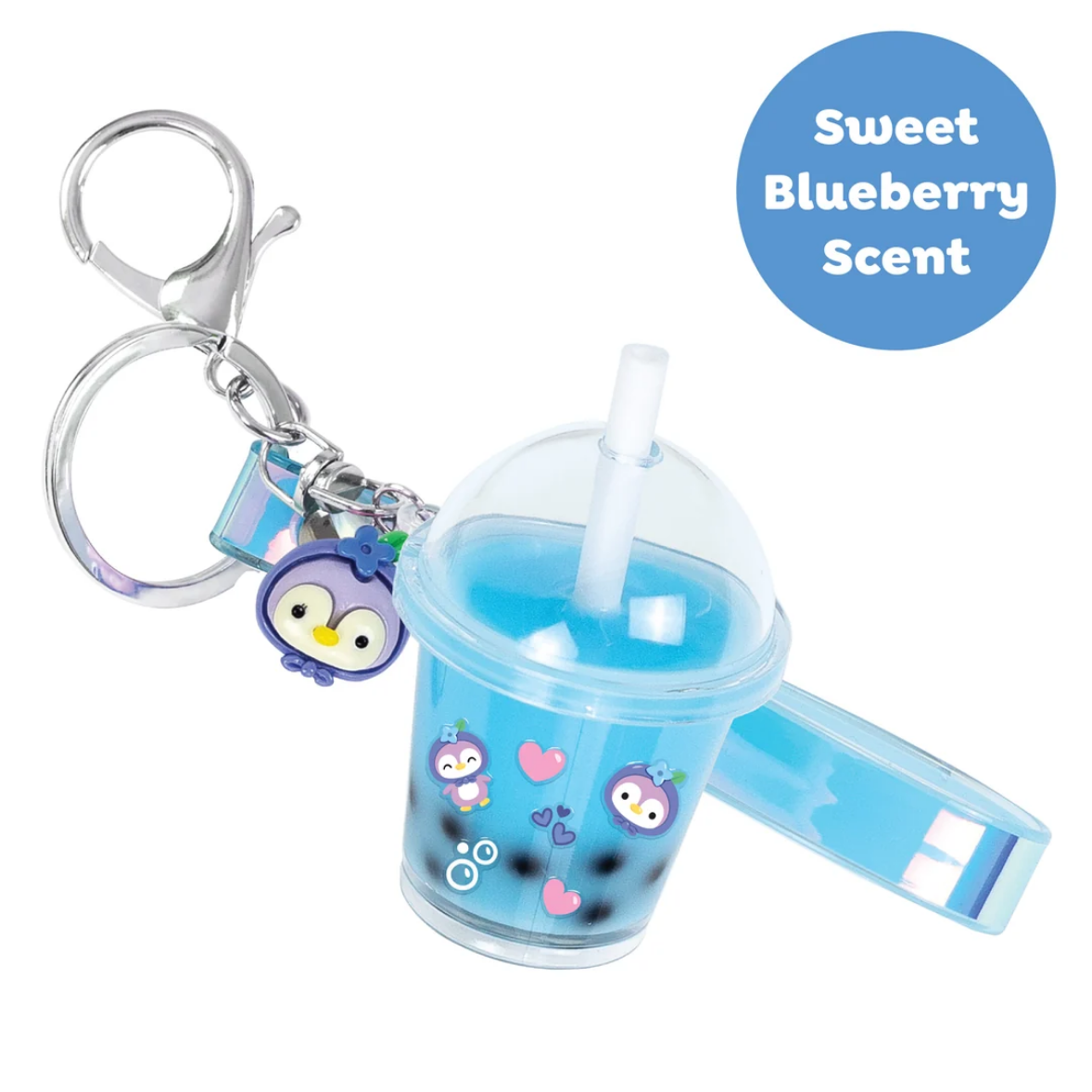 Keychain with a blue tumbler and penguin charm, featuring a sweet blueberry scent label.