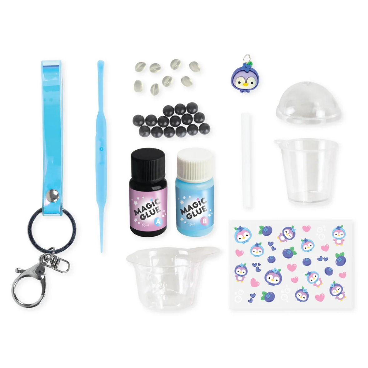 Assorted craft supplies including bottles of glue, tools, and decorative items on a white background