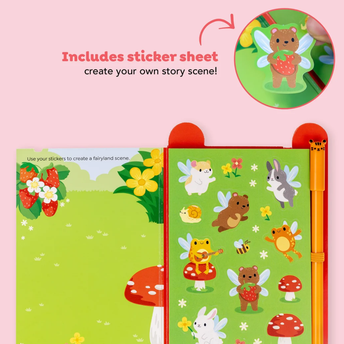 Children's book with fairy-themed stickers on a pink background