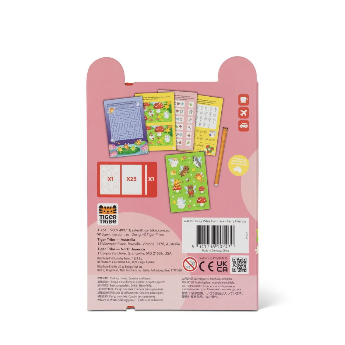 Back of a pink 'Big Bird's Toy Pack: Easy Friends' Tiger Tzee toy box, showing product contents like a maze, alphabet chart, and animal cards, on a white background.